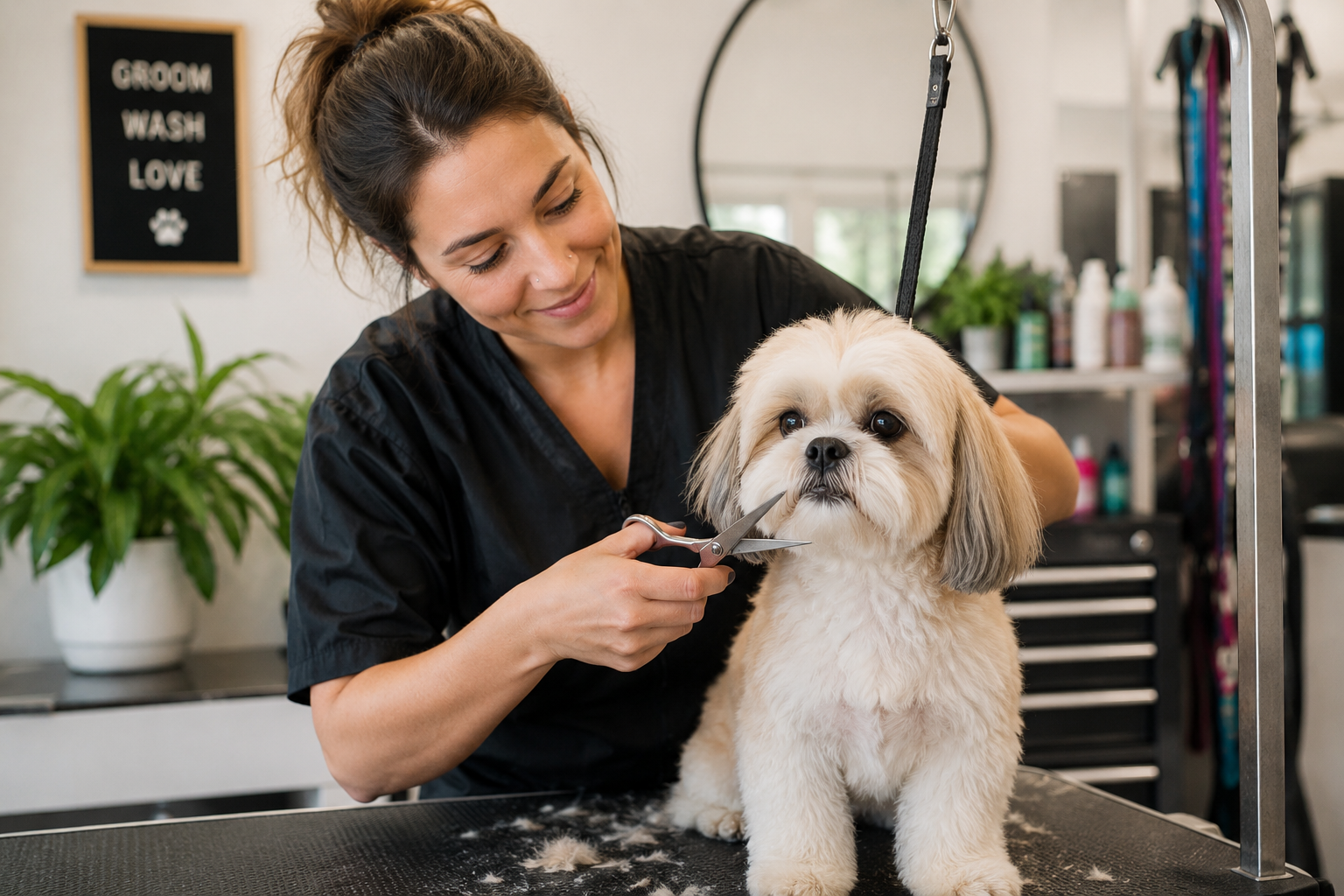 Professional dog groomer trimming a small dog in a bright grooming salon.